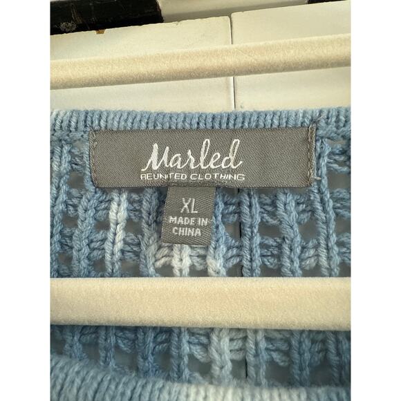 Marled Reunited Clothing Blue and White Tie Dye Open Knit Crochet Sweater Shirt - Picture 2 of 6